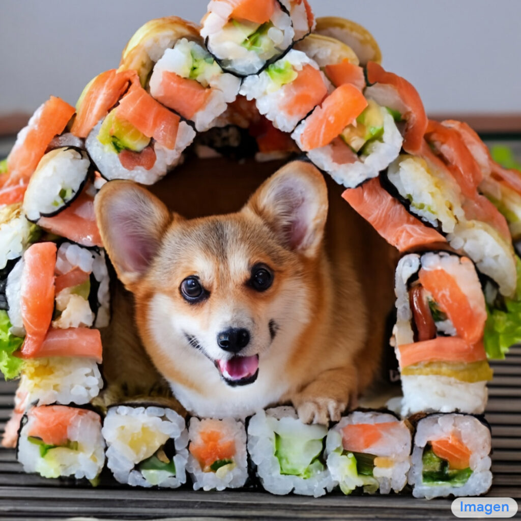 A cute corgi lives with sushi in his house