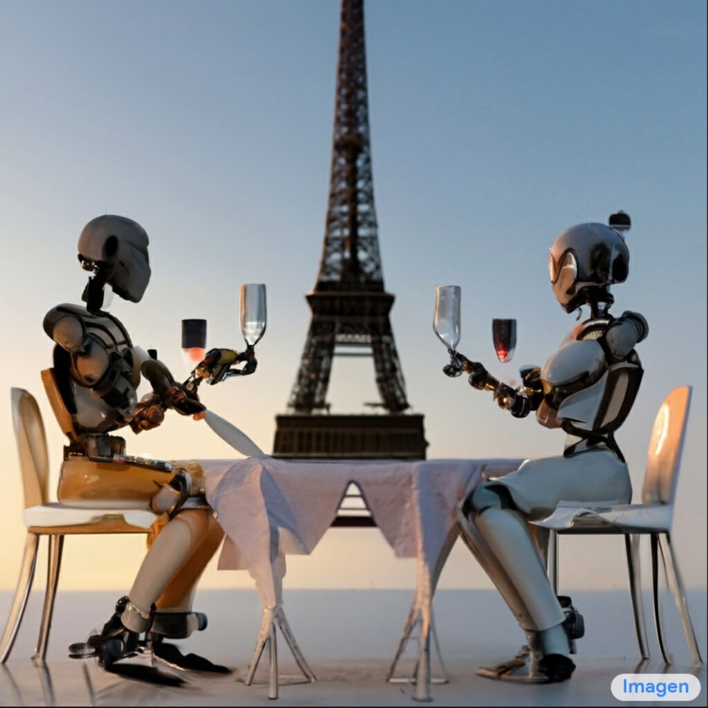 A robot couple enjoys fine dining with the Eiffel Tower in background
