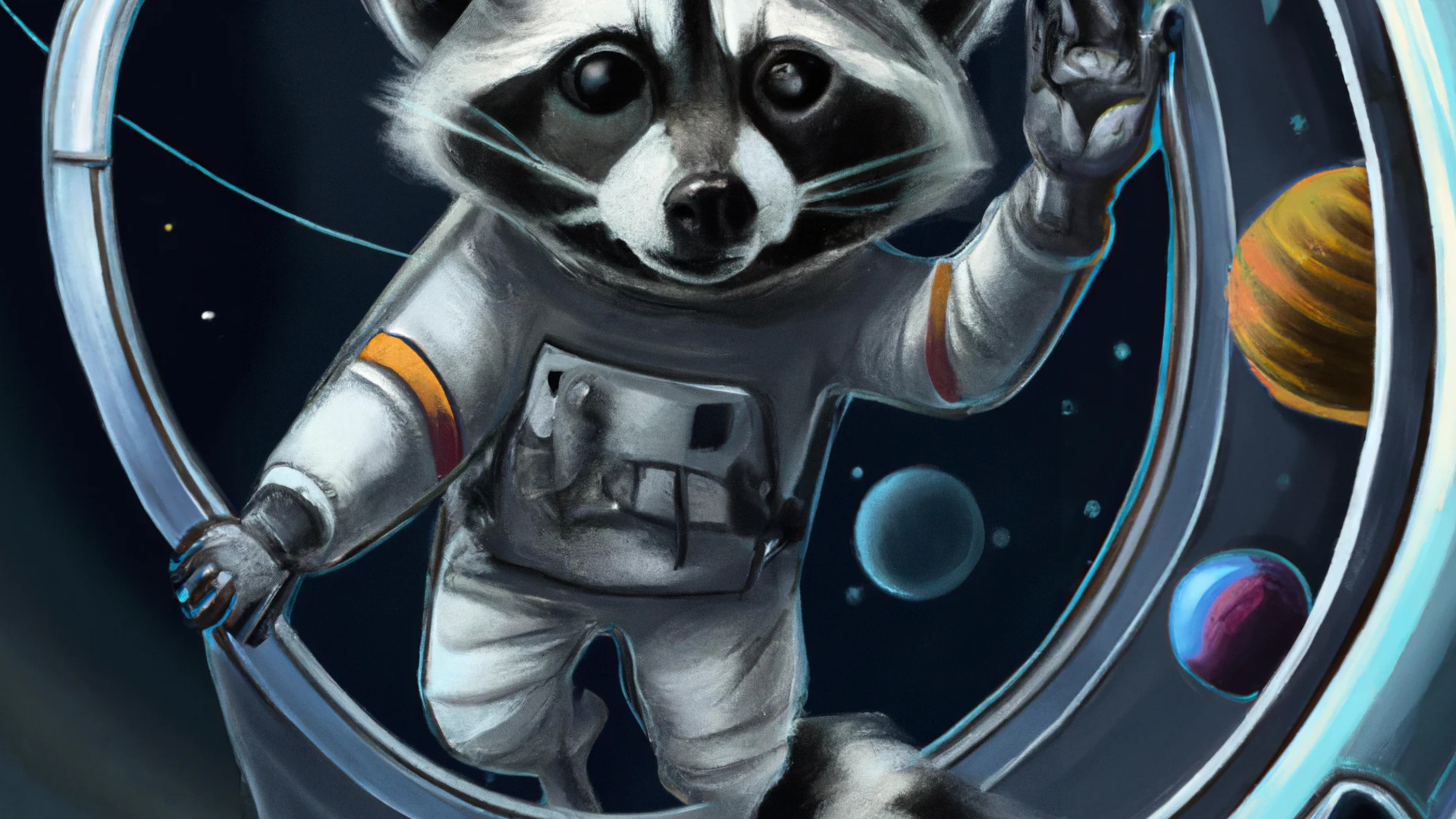 a raccoon in a space suit outside a space ship plugin