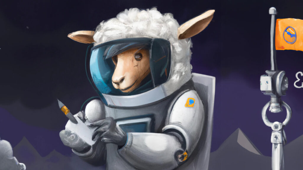 AI engineer sheep working in a space suit