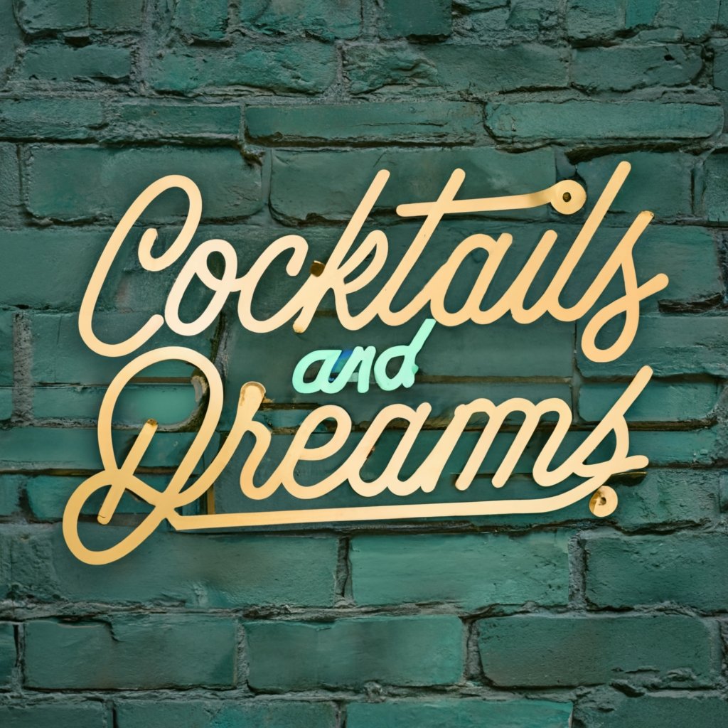 Centered Neon sticker, large text "cocktails and dreams" bursting out of a brick wall, surrounded with brick wall, vivid color, warm tone, turquoise, gold metallic, forest green, watercolor style, dark green background, highly detailed