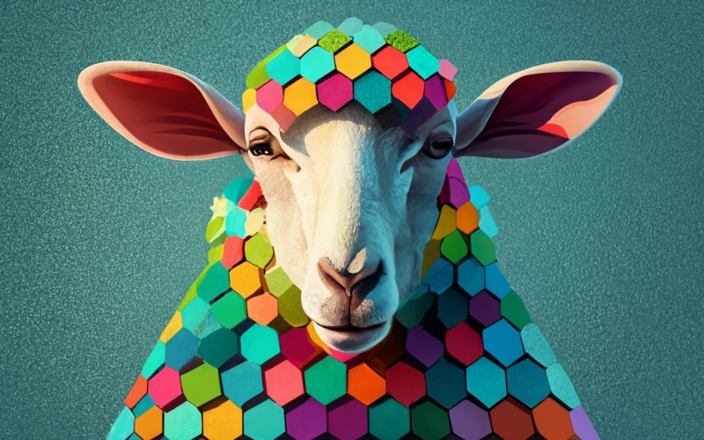 a sheep made of hexagon mosaic ,T-shirt design, white background, concept art, tattoo, vibrant, poster, 3d render, photo, conceptual art