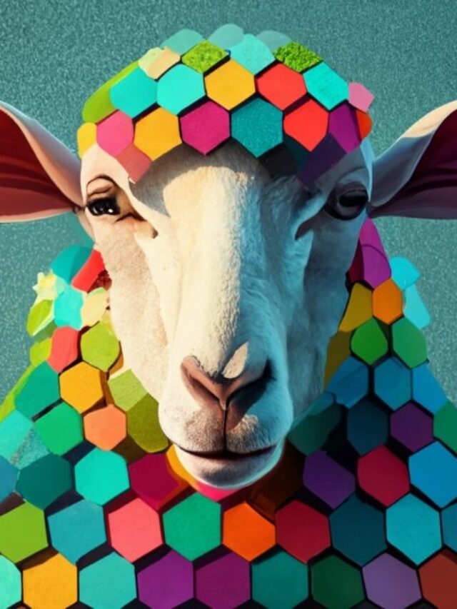 a sheep made of hexagon mosaic ,T-shirt design, white background, concept art, tattoo, vibrant, poster, 3d render, photo, conceptual art