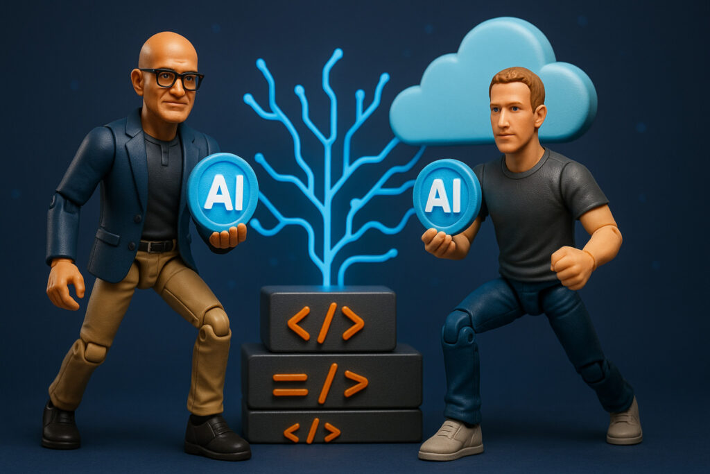 Conceptual image symbolizing how AI is transforming the software stack—from code to cloud—featuring symbolic figures of Nadella and Zuckerberg.