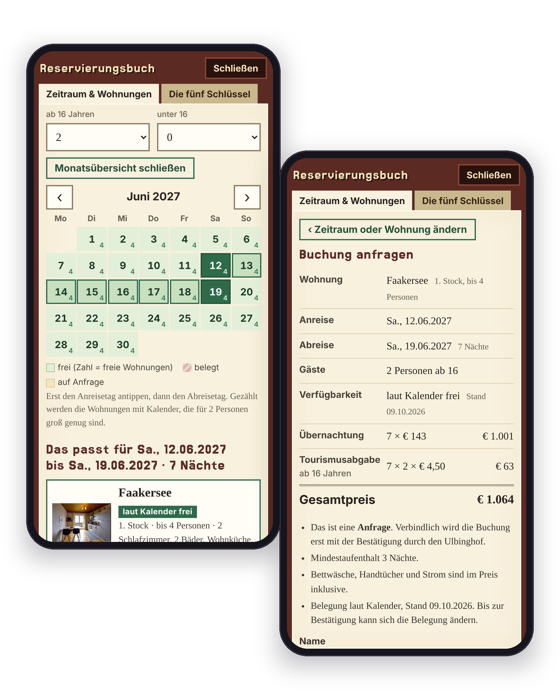 Availability calendar and booking request summary on mobile