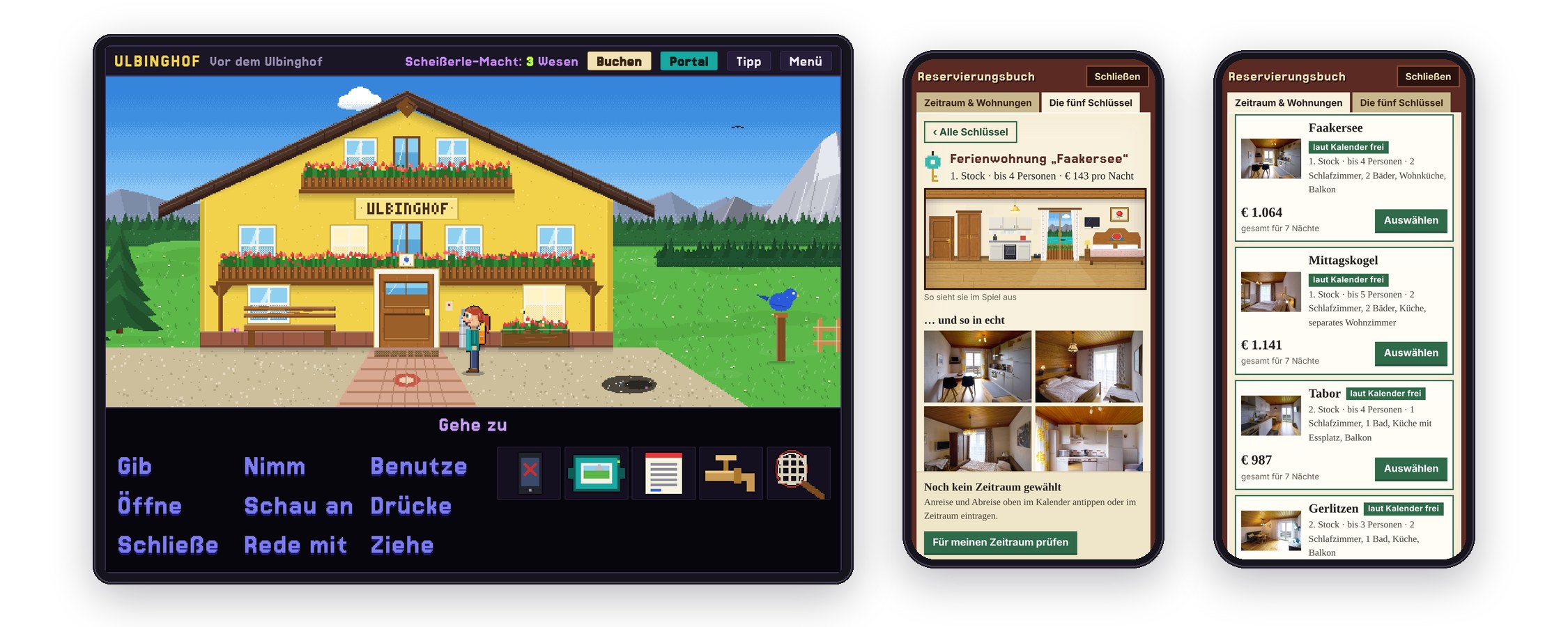 The Ulbinghof adventure game on desktop and the reservation book on mobile
